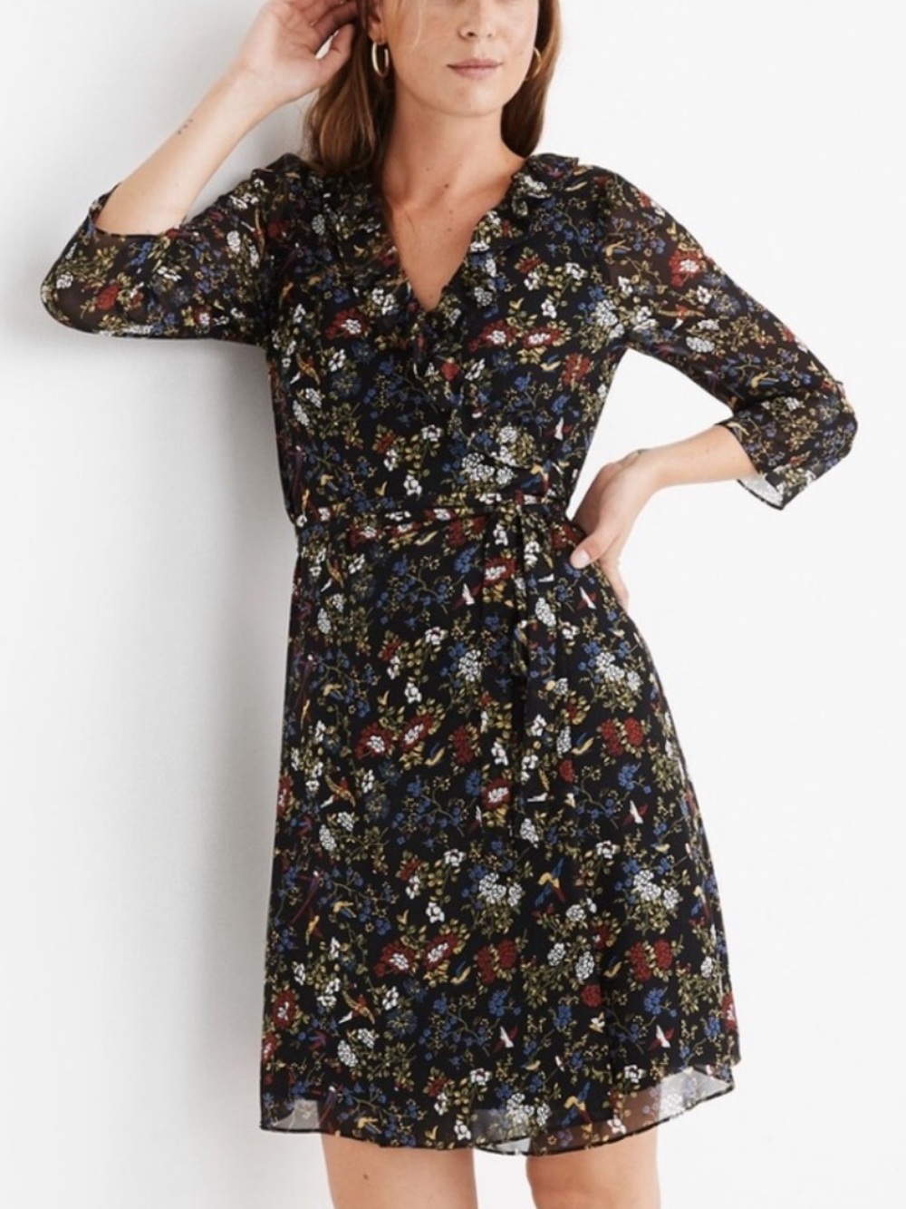 MADEWELL WOMENS BLACK FLORAL WRAP SHEER SLEEVE MINI DRESS XXL